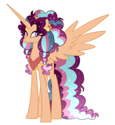 Size: 1832x2000 | Tagged: safe, artist:theroyalartofna, oc, oc only, alicorn, pony, alicorn oc, crack ship offspring, female, horn, long horn, magical lesbian spawn, mare, offspring, parent:princess celestia, parent:saffron masala, parents:celesimasala, simple background, solo, sparkly mane, spread wings, transparent background, wings