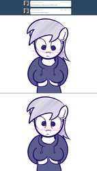 Size: 1280x2252 | Tagged: safe, artist:datahmedz, sunshower raindrops, anthro, raindropsanswers, g4, arm hooves, ask, blushing, breast hold, breasts, clothes, female, hoodie, monochrome, solo, tumblr