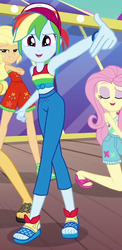 Size: 512x1048 | Tagged: safe, screencap, applejack, fluttershy, rainbow dash, sunset shimmer, equestria girls, g4, i'm on a yacht, my little pony equestria girls: better together, cap, clothes, cropped, feet, female, hat, legs, midriff, offscreen character, open-toed shoes, pants, sandals, shorts, sleeveless, smiling, tank top