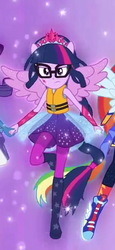 Size: 303x661 | Tagged: safe, screencap, rainbow dash, rarity, sci-twi, twilight sparkle, human, equestria girls, equestria girls series, g4, spring breakdown, spoiler:eqg series (season 2), clothes, cropped, crown, cutie mark on equestria girl, female, glasses, holding hands, jewelry, lifejacket, offscreen character, pants, ponied up, regalia, shoes, skirt, solo focus, spread wings, super ponied up, wings
