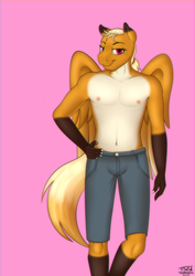 Size: 2148x3033 | Tagged: safe, artist:timidwithapen, oc, oc only, pegasus, anthro, clothes, femboy, high res, looking at you, male, pink background, ponytail, shorts, simple background, smiling, smirk, solo