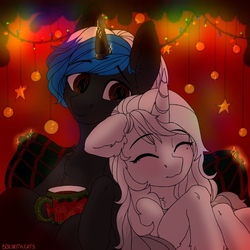 Size: 604x604 | Tagged: safe, artist:cherry_kotya, oc, oc only, oc:cozy glow, oc:red peacemaker, pony, unicorn, christmas, christmas lights, cup, food, holiday, pillow, smiling, tea, teacup