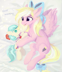 Size: 1680x1976 | Tagged: safe, artist:magicbalance, coco pommel, oc, oc only, oc:bay breeze, pegasus, pony, g4, bed, bow, cute, cutie mark, female, hair bow, mare, on bed, open mouth, plushie, solo, ych result