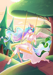 Size: 1920x2716 | Tagged: safe, artist:dyn4m1k3, princess celestia, alicorn, anthro, unguligrade anthro, g4, blushing, clothes, dress, female, grass, hoof feet, legs, looking at you, mare, mountain, sky, solo, sunshine, swing, tree, white dress