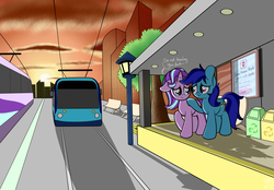 Size: 4610x3217 | Tagged: dead source, safe, artist:php142, starlight glimmer, oc, oc:sierra nightingale, pegasus, pony, unicorn, g4, building, canon x oc, city, cute, female, looking at each other, male, outdoors, raised hoof, self insert, sunset, text, tram, vehicle