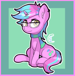 Size: 475x480 | Tagged: safe, artist:vintyri, derpibooru exclusive, oc, oc only, oc:sour cherry, pony, unicorn, amber eyes, clothes, commission, cutie mark, ear fluff, frog (hoof), glasses, looking at you, male, multicolored hair, piercing, pink coat, scarf, simple background, sitting, solo, stallion, underhoof
