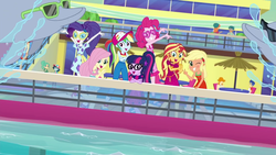 Size: 1920x1080 | Tagged: safe, screencap, applejack, flash sentry, fluttershy, garden grove, pinkie pie, rainbow dash, rarity, sci-twi, sunset shimmer, twilight sparkle, valhallen, dolphin, equestria girls, g4, i'm on a yacht, my little pony equestria girls: better together, animal, background human, cruise, cruise ship, happy, humane five, humane seven, humane six, one eye closed, peace sign, reflection, sleeveless, sunburn, sunglasses, swimming pool, wink, yacht