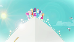 Size: 1920x1080 | Tagged: safe, screencap, applejack, fluttershy, pinkie pie, rainbow dash, rarity, sci-twi, sunset shimmer, twilight sparkle, seagull, equestria girls, g4, i'm on a yacht, my little pony equestria girls: better together, clothes, cruise, cruise ship, dress, female, hand on hip, happy, humane five, humane seven, humane six, legs, luxe deluxe, shirt, shorts, skirt, sleeveless, sleeveless shirt, sun, sunburn, sunglasses, yacht