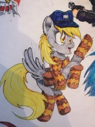 Size: 3840x5120 | Tagged: safe, artist:nudzbirb, derpy hooves, pegasus, pony, g4, clothes, female, scarf, socks, solo, striped socks, traditional art