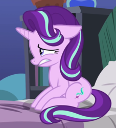 Size: 580x640 | Tagged: safe, screencap, starlight glimmer, pony, unicorn, g4, rock solid friendship, bed, bedroom, cropped, female, floppy ears, mare, sitting, solo, starlight's room