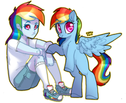 Size: 1280x1043 | Tagged: safe, artist:sl0ne, rainbow dash, pegasus, pony, equestria girls, g4, bipedal, duo, female, looking at you, mare, rearing, self ponidox, simple background, sitting, smiling, spread wings, transparent background, wings