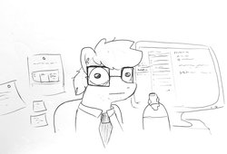 Size: 1679x1142 | Tagged: safe, artist:tjpones, oc, oc only, oc:tjpones, earth pony, pony, :|, computer, desk portrait, ear fluff, glasses, grayscale, lineart, looking at you, male, monitor, monochrome, necktie, self portrait, simple background, solo, stallion, stubble, traditional art, white background, wide eyes