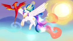 Size: 3000x1687 | Tagged: safe, artist:xxcutecookieswirlsxx, philomena, princess celestia, phoenix, pony, g4, female, flying, glowing horn, horn, magic, mare, spread wings, sun, wings