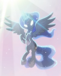 Size: 678x840 | Tagged: safe, artist:light262, princess luna, alicorn, pony, comic:timey wimey, g4, comic, constellation, constellation hair, cropped, ethereal mane, female, flying, glowing eyes, glowing horn, hoof shoes, horn, jewelry, light, magic, mare, regalia, spread wings, starry mane, wings