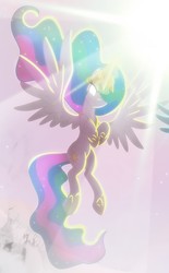 Size: 847x1368 | Tagged: safe, artist:light262, artist:lummh, princess celestia, alicorn, pony, comic:timey wimey, g4, comic, cropped, ethereal mane, female, glowing eyes, glowing horn, horn, jewelry, lens flare, light, magic, mare, regalia, solo, spread wings, wings
