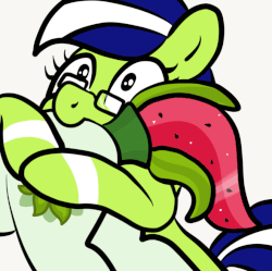 Size: 839x837 | Tagged: safe, artist:sjart117, derpibooru exclusive, oc, oc only, oc:miles bright, oc:watermelana, pony, animated, biting, butt, butt bite, butt touch, chewing, duo, duo female, eating, eye shimmer, female, flank, gif, gift art, glasses, hoof on butt, mare, munching, nibbling, nom, plot, silly, simple background, white background, zoned out