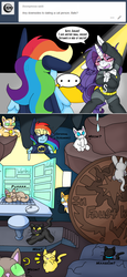 Size: 1275x2770 | Tagged: safe, artist:blackbewhite2k7, rainbow dash, rarity, cat, g4, ask, batcave, batcomputer, batman, batmare, catwoman, comic, crossover, dramatic, female, giant penny, internal screaming, lesbian, ship:raridash, shipping, tumblr