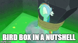 Size: 360x202 | Tagged: safe, edit, edited screencap, screencap, rainbow dash, pony, daring done?, g4, animated, bird box, blindfold, caption, female, gif, gif with captions, image macro, impact font, mare, meme, nose in the air, rope, solo, text, tied up, volumetric mouth