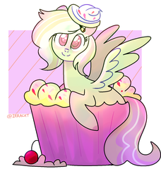 Size: 1177x1291 | Tagged: safe, artist:1racat, oc, oc only, oc:river chime, pegasus, pony, bell, cherry, cupcake, female, food, frosting, mare, solo, wings