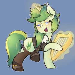 Size: 1500x1500 | Tagged: safe, artist:talimingi, oc, oc only, oc:rhythm fruit, pony, unicorn, bard, boots, clothes, coat, cutie mark, fantasy class, female, leggings, lyre, magic, mare, musical instrument, shoes, simple background, singing, solo, spectacles