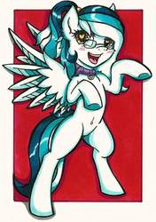Size: 902x1280 | Tagged: safe, artist:canvymamamoo, oc, oc:artemis starshine, pony, belly button, bipedal, collar, female, glasses, looking at you, ponytail, smiling