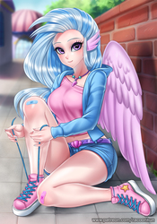 Size: 900x1286 | Tagged: safe, artist:racoonsan, silverstream, human, g4, season 8, bandaid, belly button, belt, big breasts, blurry background, blushing, breasts, busty silverstream, clothes, converse, cute, denim, denim shorts, diastreamies, eared humanization, eyelashes, female, hoodie, humanized, jewelry, legs, long nails, looking at you, midriff, nail polish, necklace, outdoors, seashell, shadow, shoes, shorts, sitting, smiling, sneakers, solo, tomboy, tying shoes, wing ears, winged humanization, wings