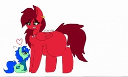 Size: 512x308 | Tagged: safe, artist:chillywilly, oc, oc:blood wing, oc:chilly willy, pegasus, pony, unicorn, amazon, clothes, ear piercing, earring, eyeshadow, glasses, jewelry, larger female, makeup, necklace, piercing, sharp teeth, simple background, size difference, sweater, teeth, tooth necklace