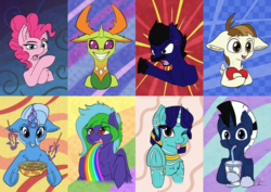Size: 1527x1080 | Tagged: safe, artist:calena, featherweight, pinkie pie, thorax, trixie, oc, oc:jesus, oc:shabaco, oc:weldbead, changedling, changeling, earth pony, pony, unicorn, g4, abstract background, advertisement, chopsticks, commission, cross-popping veins, cute, food, frog (hoof), funny, glowing horn, horn, king thorax, looking at you, magic, markings, milkshake, pasta, puking rainbows, spaghetti, telekinesis, underhoof, vomit, vomiting, ych result