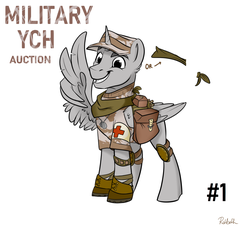 Size: 1200x1100 | Tagged: safe, artist:rutkotka, pony, auction, bandana, boots, camouflage, clothes, combat medic, commission, dog tags, elbow pads, fantasy class, hat, knee pads, male, medic, military, military bronies, military pony, military uniform, saddle bag, satchel, shoes, short sleeves, simple background, smiling, soldier, stallion, uniform, warrior, white background, your character here