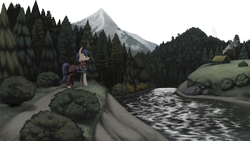 Size: 3100x1743 | Tagged: safe, artist:mrscroup, oc, oc only, pony, equestria at war mod, forest, house, mountain, river, scenery, solo, sword, weapon