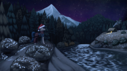 Size: 1920x1080 | Tagged: safe, artist:mrscroup, oc, oc only, pony, equestria at war mod, christmas, forest, hat, holiday, house, mountain, night, river, santa hat, scenery, solo, sword, weapon