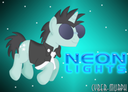 Size: 1212x872 | Tagged: safe, artist:cyber-murph, neon lights, rising star, pony, unicorn, g4, clothes, glowing text, necktie, signature, sunglasses