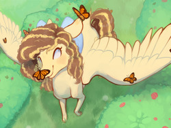 Size: 1040x781 | Tagged: safe, artist:bananasmores, oc, oc only, butterfly, pegasus, pony, bow, solo