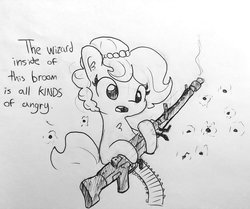 Size: 1721x1440 | Tagged: safe, artist:tjpones, oc, oc only, oc:brownie bun, earth pony, pony, horse wife, bullet hole, chest fluff, dialogue, female, grayscale, gun, hoof hold, lineart, machine gun, mare, mg42, monochrome, simple background, this will end in tears and/or death, traditional art, we're all doomed, weapon, xk-class end-of-the-kitchen scenario