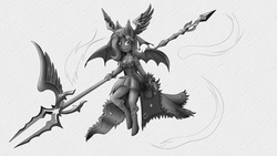 Size: 5760x3240 | Tagged: safe, artist:shamziwhite, oc, oc only, oc:kuro, bat pony, anthro, bat pony oc, black and white, brave frontier, broken horn, clothes, female, flying, grayscale, horn, melee weapon, monochrome, sketch, solo, weapon, wip
