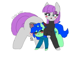 Size: 640x480 | Tagged: safe, artist:chillywilly, maud pie, oc, oc:chilly willy, earth pony, pony, unicorn, g4, alternate clothes, blushing, clothes, eyeshadow, glasses, larger female, makeup, nuzzling, simple background, size difference, sweater