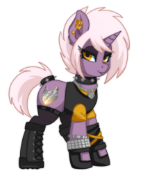 Size: 2948x3584 | Tagged: safe, artist:ciderpunk, derpibooru exclusive, oc, oc only, oc:amber ironheart, pony, unicorn, boots, clothes, ear piercing, earring, gloves, high res, jewelry, piercing, punk, shoes