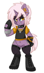 Size: 2351x3892 | Tagged: safe, artist:ciderpunk, derpibooru exclusive, oc, oc only, oc:amber ironheart, pony, unicorn, belly button, boots, clothes, ear piercing, earring, gloves, high res, jewelry, piercing, punk, shoes, standing