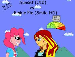 Size: 1000x757 | Tagged: safe, artist:tocinoshimmer, pinkie pie, sunset shimmer, human, series:sunset's universe, smile hd, equestria girls, g4, alternate universe, breasts, busty sunset shimmer, crossover, dragon ball, dragon ball super, fight, furious, maniac, smiling