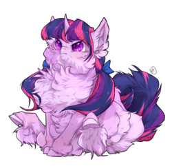 Size: 1090x1052 | Tagged: safe, artist:makkah, twilight sparkle, pony, unicorn, g4, alternate hairstyle, angry, bow, bunches, chest fluff, colored pupils, curved horn, cute, ear fluff, excessive fluff, female, fluffy, frown, glare, grumpy, grumpy twilight, hair bow, hnnng, hoof fluff, hooves, horn, impossibly large chest fluff, leg fluff, mare, maximum overfloof, pigtails, purple eyes, raised leg, ribbon, simple background, sitting, solo, starry eyes, twiabetes, twintails, unamused, unicorn twilight, unshorn fetlocks, white background, wingding eyes