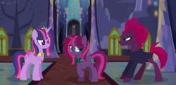 Size: 1287x623 | Tagged: safe, artist:king-justin, artist:selenaede, tempest shadow, twilight sparkle, oc, oc:moonlight glare, alicorn, pony, g4, base used, family, female, lesbian, magical lesbian spawn, offspring, parent:tempest shadow, parent:twilight sparkle, parents:tempestlight, ship:tempestlight, shipping, twilight sparkle (alicorn)