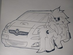 Size: 4160x3120 | Tagged: safe, artist:annuthecatgirl, oc, oc only, oc:anti-lag, pegasus, pony, car, chest fluff, ear fluff, solo, toyota, traditional art