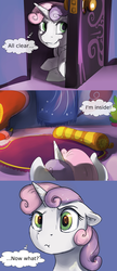 Size: 1280x2967 | Tagged: safe, artist:silfoe, sweetie belle, pony, unicorn, royal sketchbook, g4, comic, dialogue, didn't think this through, female, filly, foal, scrunchy face, sneaking, solo, thought bubble