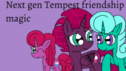 Size: 1920x1080 | Tagged: safe, artist:徐詩珮, fizzlepop berrytwist, glitter drops, tempest shadow, oc, oc:betty pop, alicorn, pony, comic:next gen tempest friendship magic, g4, my little pony: the movie, alicornified, family, female, lesbian, magical lesbian spawn, mare, mother and daughter, next generation, offspring, parent:glitter drops, parent:tempest shadow, parents:glittershadow, purple background, race swap, ship:glittershadow, shipping, simple background, tempesticorn