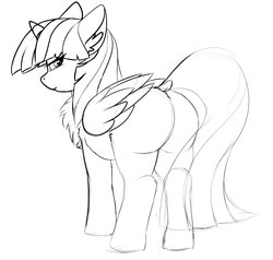 Size: 2480x2364 | Tagged: safe, artist:duop-qoub, twilight sparkle, alicorn, pony, descended twilight, g4, butt, chest fluff, dock, ear fluff, female, floppy ears, high res, looking at you, looking back, mare, monochrome, plot, simple background, sketch, smiling, solo, twilight sparkle (alicorn), white background, wings