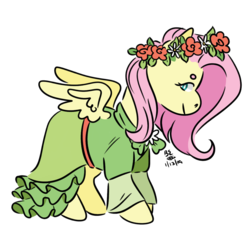 Size: 1024x1024 | Tagged: safe, artist:cheeseforest, part of a set, fluttershy, pegasus, pony, g4, clothes, coronation dress, dress, female, floral head wreath, flower, looking at you, mare, profile, simple background, smiling, solo, spread wings, standing, transparent background, wings