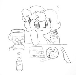 Size: 1264x1238 | Tagged: safe, artist:tjpones, oc, oc only, oc:brownie bun, horse wife, black and white, blender (object), coconut, cooking, food, grayscale, grenade, hoof hold, knife, lineart, monochrome, piña colada (drink), question mark, rum, simple background, this will end in death, this will end in explosions, this will end in tears, this will end in tears and/or death, traditional art, white background