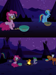 Size: 480x640 | Tagged: safe, screencap, little strongheart, pinkie pie, rainbow dash, spike, bison, buffalo, pony, g4, over a barrel, animation error, bowl, campfire, tipi