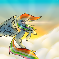 Size: 3000x3000 | Tagged: safe, artist:lilie-pucisse, rainbow dash, pony, g4, backlighting, cloud, female, flying, high res, sky, smiling, solo, spread wings, sun, sunrise, wings