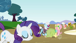 Size: 1920x1080 | Tagged: safe, screencap, fluttershy, photo finish, rarity, pegasus, pony, unicorn, g4, green isn't your color, my little pony: friendship is magic, alternative cutie mark placement, animation error, butt, female, horn, hub logo, inner thigh cutie mark, mare, plot, tree